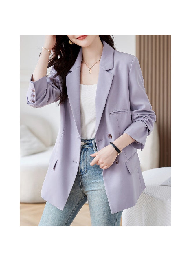Dme Women's Elegant Lapel Shoulder Pad Blazer Jacket Slim Fit Suit Coat Top Thin Mist Purple S - Image 4