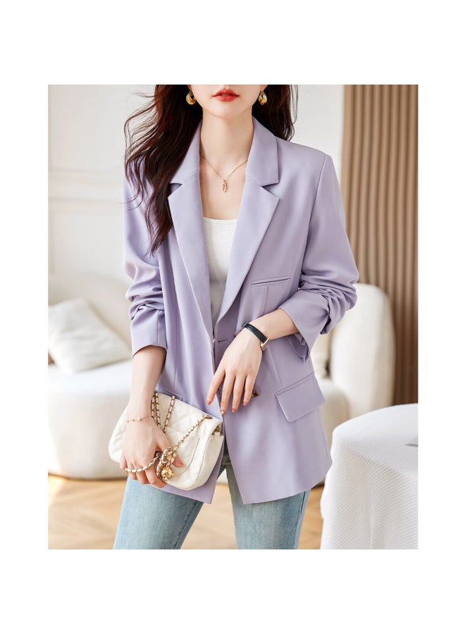 Dme Women's Elegant Lapel Shoulder Pad Blazer Jacket Slim Fit Suit Coat Top Thin Mist Purple S - Image 1