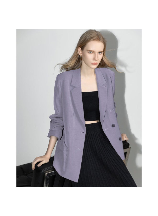 Dme Women's Elegant Lapel Shoulder Pad Blazer Jacket Slim Fit Suit Coat Top Thin Mist Purple S - Image 3