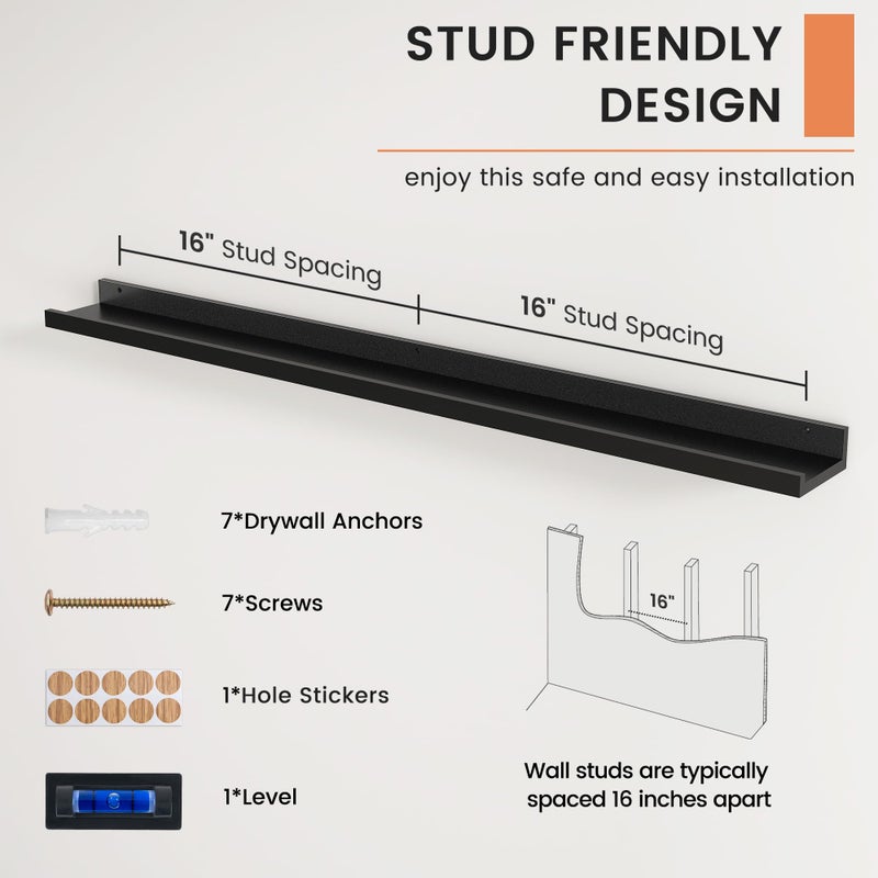 FLYJOE Picture Ledge Shelf, Floating Shelves Set of 2, 48 Inches Long Large Nursery Book Shelves for Toys Storage, Kids Bookshelf Wall Mounted for Living Room Bedroom Decor Books Photo Frames, Black - Image 5