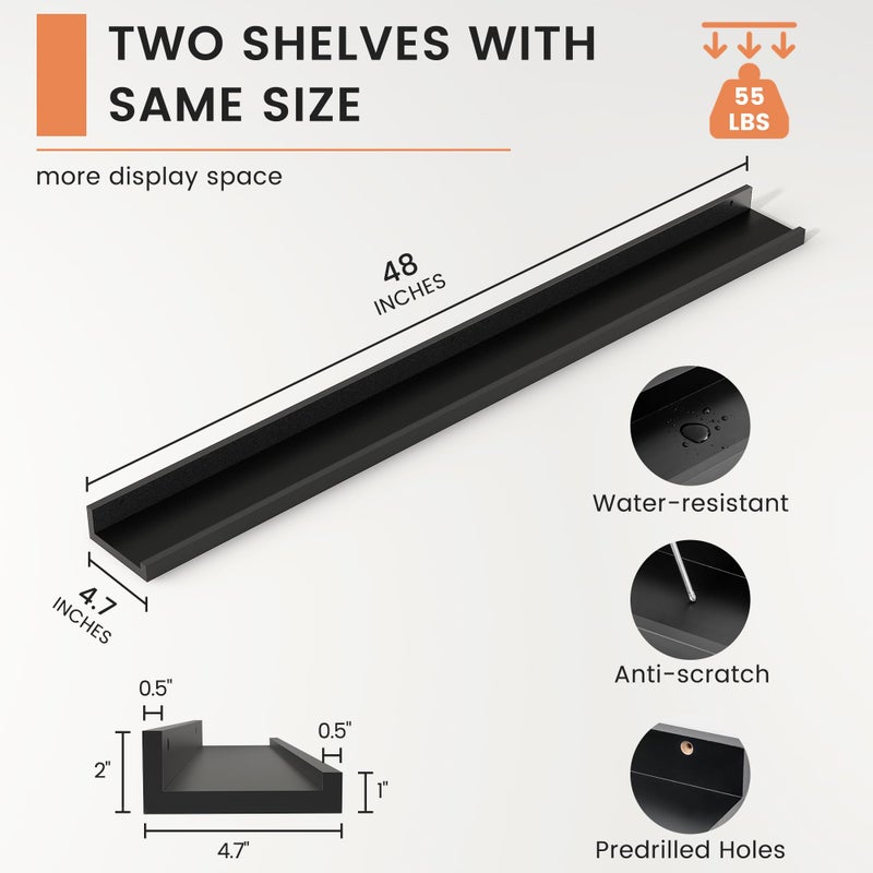 FLYJOE Picture Ledge Shelf, Floating Shelves Set of 2, 48 Inches Long Large Nursery Book Shelves for Toys Storage, Kids Bookshelf Wall Mounted for Living Room Bedroom Decor Books Photo Frames, Black - Image 4