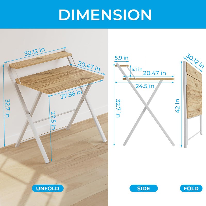 GreenForest No Assembly Folding Desk, 2-Tier Compact Computer Desk with Shelf, 30 inch Space Saving Foldable Table for Home Office, Dorm or Apartment, Portable Collapsible Sturdy Laptop Desk, Oak - Image 2