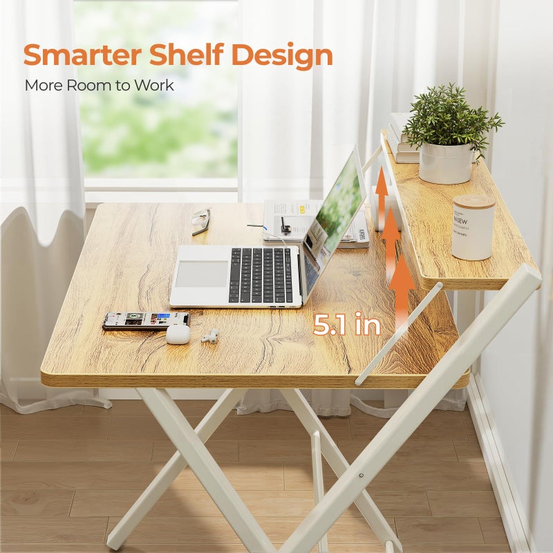 GreenForest No Assembly Folding Desk, 2-Tier Compact Computer Desk with Shelf, 30 inch Space Saving Foldable Table for Home Office, Dorm or Apartment, Portable Collapsible Sturdy Laptop Desk, Oak - Image 4