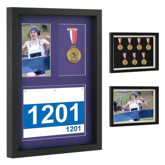 SHADOW BOX FOR MEDALS RACE BIBS AND PHOTOS DISPLAY 7 MEDAL DISPLAY CASE LARGE MEDAL DISPLAY PICTURE FRAME FOR MARATHON RUNNER RACE WINNER MILITARY AWARDS TRIATHLONS ALL SPORTS BLACK A3