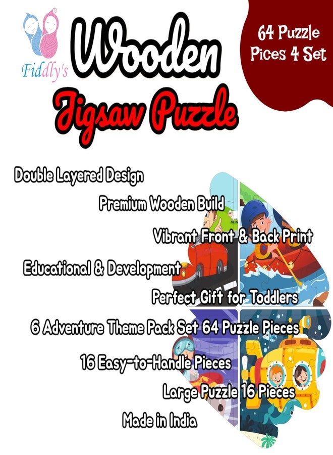 Fiddlys Fiddly's 16-Piece Wooden Jigsaw Puzzles for Kids Ages 3+, Double Layered Wooden Puzzles with Bright Front & Back Print (Vehicles World Pack of 4) - Image 3