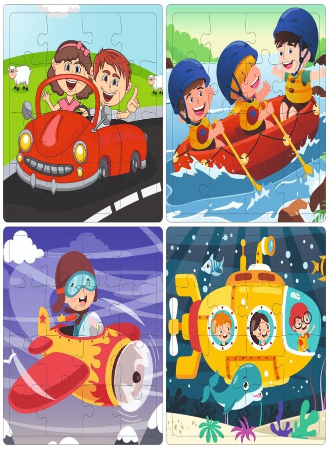 Fiddlys Fiddly's 16-Piece Wooden Jigsaw Puzzles for Kids Ages 3+, Double Layered Wooden Puzzles with Bright Front & Back Print (Vehicles World Pack of 4) - Image 1