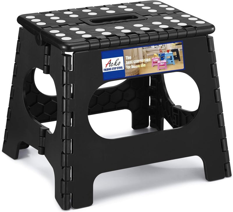 Acko Folding Step Stool, 11 Inch Non-Slip Foldable Step Stools up to 300lbs for Kids and Adults, Portable Lightweight Collapsible Stool with Handle, for Kitchen Bathroom Black, 1 Pack - Image 1