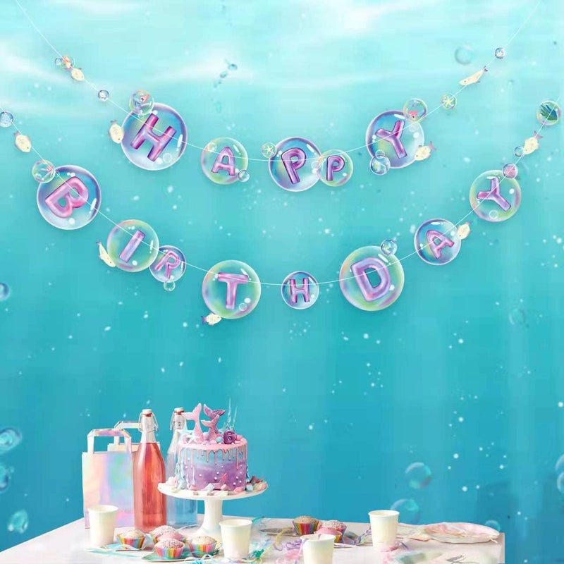 Little Mermaid Happy Birthday Garland Ocean Theme Party Decorations Under The Sea Birthday Banner for Girls Beach Party Decorations
