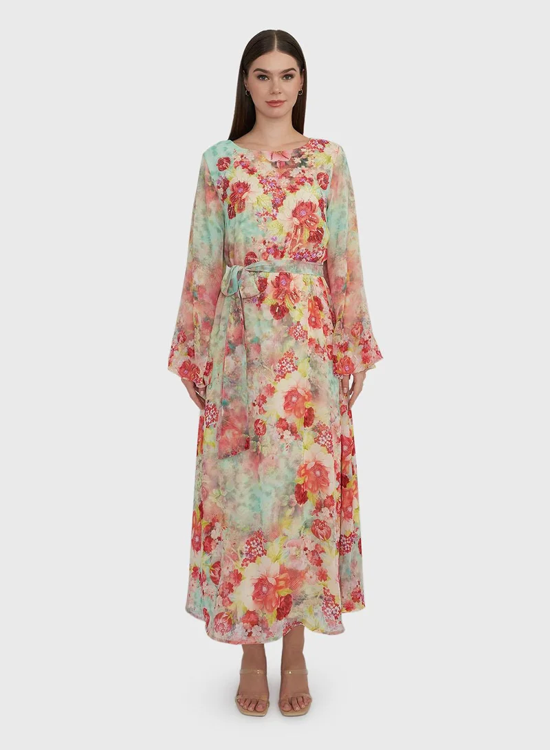 KASHKHA Green Red Floral Print Chiffon Handwork Maxi Dress (VDU813)