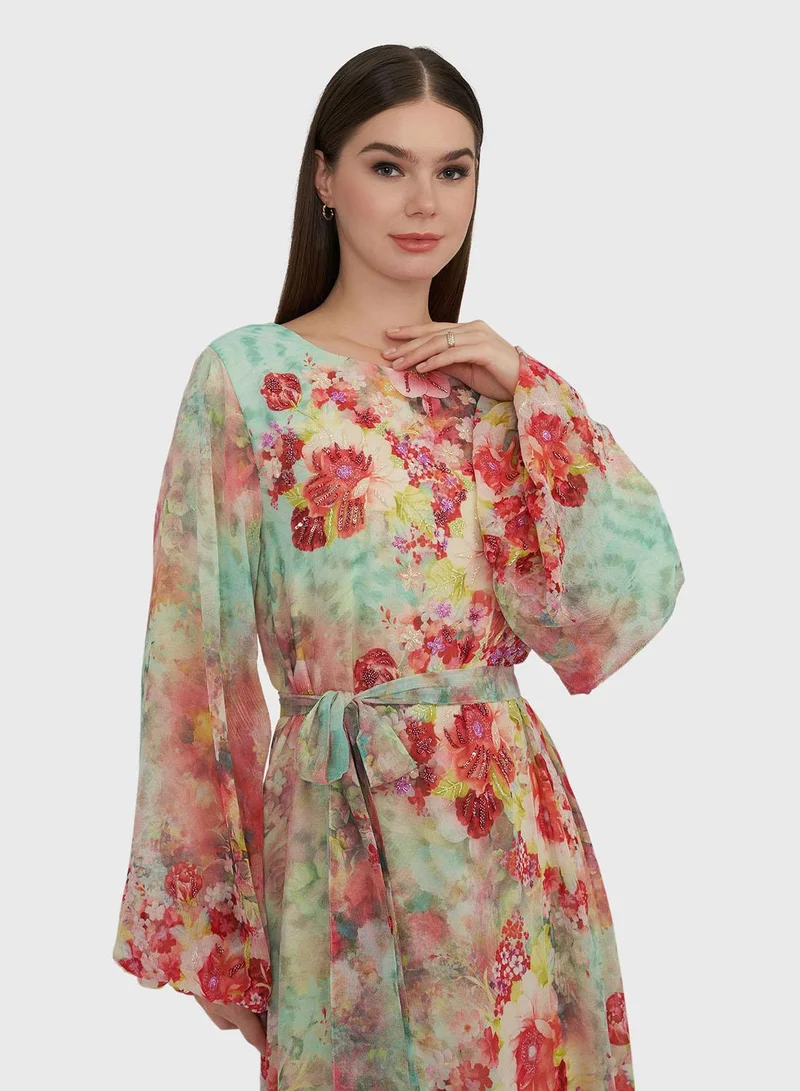 KASHKHA Green Red Floral Print Chiffon Handwork Maxi Dress (VDU813)