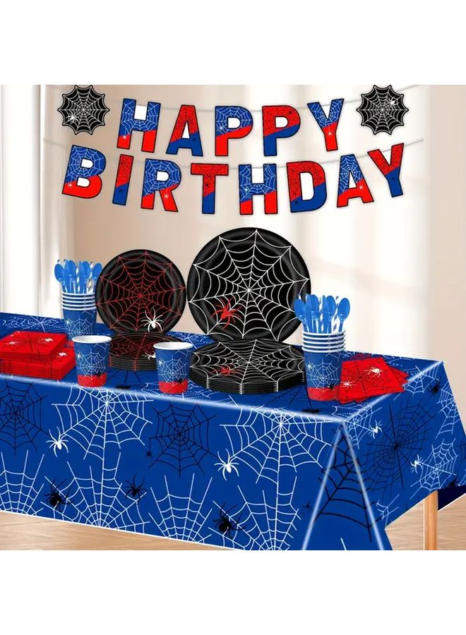 A 108x180 Set Of Two Spider Web Tablecloths Red And Blue Superhero Party Decorations Suitable For Birthday And Halloween Themed Tables Easy Clean Supplies Event - Image 1