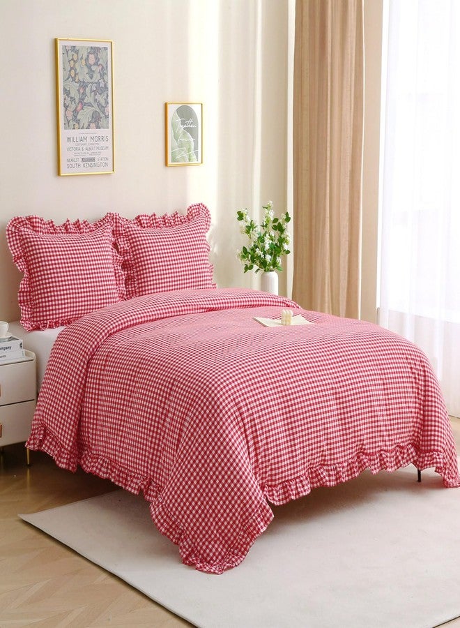 Silnuo Red/White Checkered Ruffle 3-Piece Duvet Cover Set King Size,Washed Cotton Shabby Gingham Plaid Bedding Set Farmhouse Comforter Set(King,Red) - Image 3