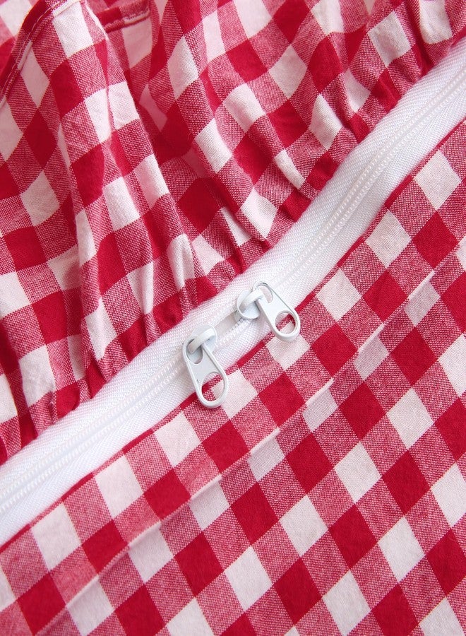 Silnuo Red/White Checkered Ruffle 3-Piece Duvet Cover Set King Size,Washed Cotton Shabby Gingham Plaid Bedding Set Farmhouse Comforter Set(King,Red) - Image 4