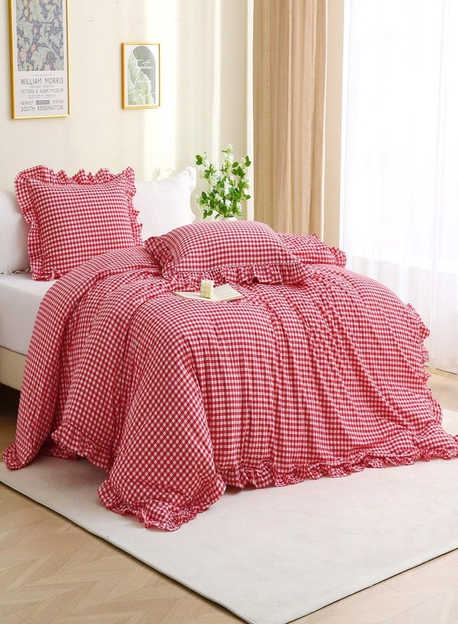 Silnuo Red/White Checkered Ruffle 3-Piece Duvet Cover Set King Size,Washed Cotton Shabby Gingham Plaid Bedding Set Farmhouse Comforter Set(King,Red) - Image 1
