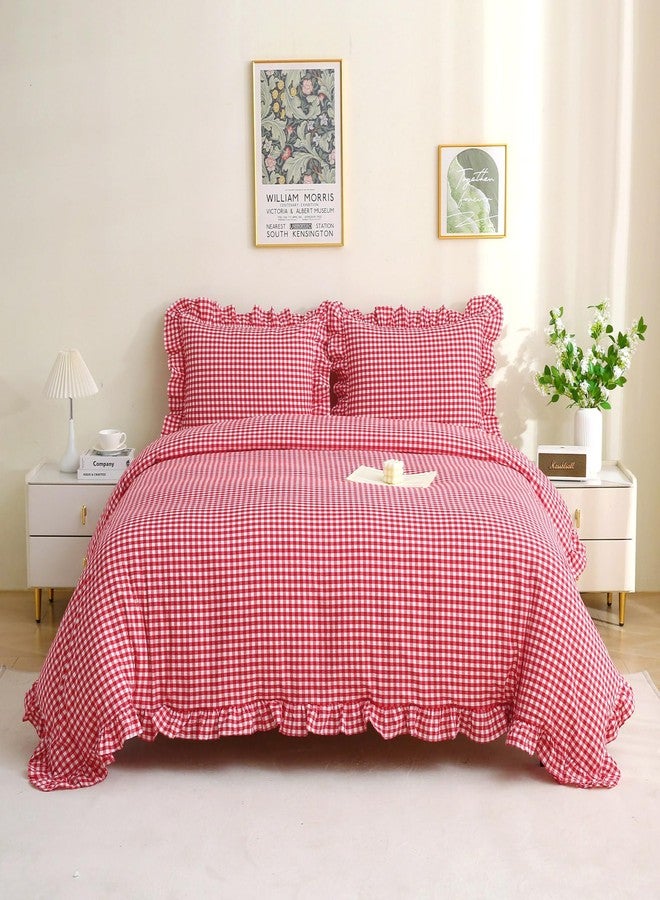 Silnuo Red/White Checkered Ruffle 3-Piece Duvet Cover Set King Size,Washed Cotton Shabby Gingham Plaid Bedding Set Farmhouse Comforter Set(King,Red) - Image 2