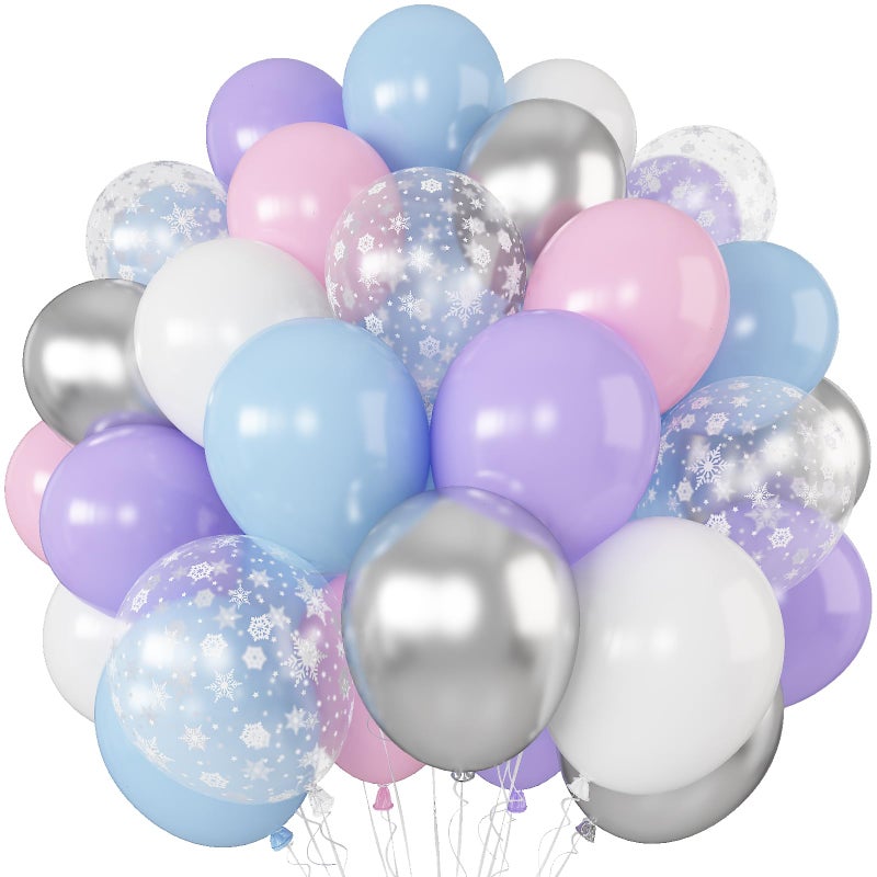 Froova Blue Purple Silver Balloon 12 Inch Winter Wonderland Balloon Clear Snowflake Latex Party Balloons for Merry Christmas Xmas Snow Winter Baby Shower Princess Holiday Birthday Party Decorations - Image 1