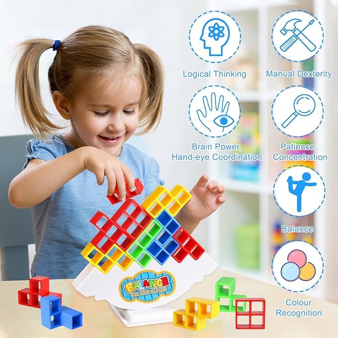 LAALIYA Tetra Tower Balance Block Stacking Game – 32 PCS Colorful Building Blocks with Wobble Base and Challenge Cards – Fun Strategy Toy for Family, Friends, Parties & Learning Play - Image 4