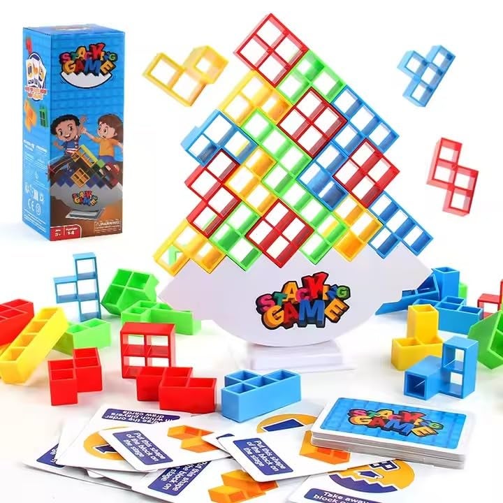 LAALIYA Tetra Tower Balance Block Stacking Game – 32 PCS Colorful Building Blocks with Wobble Base and Challenge Cards – Fun Strategy Toy for Family, Friends, Parties & Learning Play - Image 1
