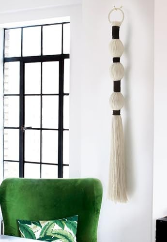 IOWER Macrame Wall Hanging Boho Wall Decor Small Sphericity Cotton Textile Tassel Hanging Fiber Yarn Art for Living Room Bedroom 27'' L x 2.3'' W - Image 2
