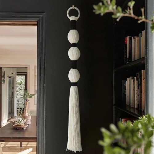 IOWER Macrame Wall Hanging Boho Wall Decor Small Sphericity Cotton Textile Tassel Hanging Fiber Yarn Art for Living Room Bedroom 27'' L x 2.3'' W - Image 1