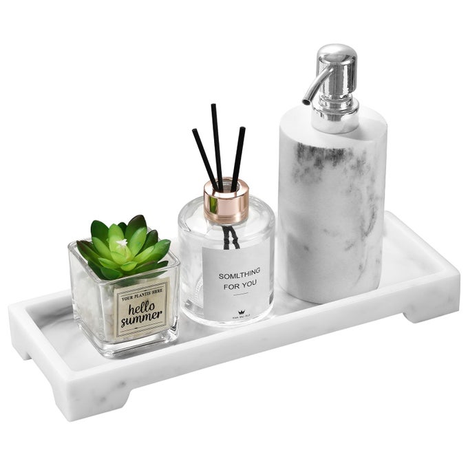 BATHROOM VANITY TRAY RESIN TOILET TANK TRAY KITCHEN TRAYS 11 X 4 RECTANGLE BATHROOM TRAY FOR COUNTER MARBLE TRAY FOR SOAP DISPENSER PERFUME JEWELRY SMALL WHITE MARBLE