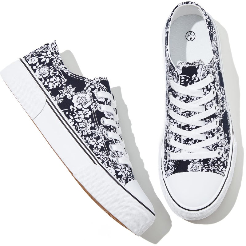 Adokoo Canvas Tennis Shoes for Women Low Top Casual White Navy Flower Sneakers for Women Lace Up Fashion Comfortable Walking Shoes (Navy Flower,6.5) - Image 1