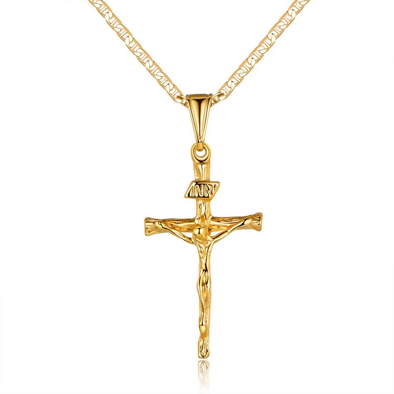 Barzel Cross Necklace for Women & Men 18K Gold Plated Flat Mariner/Marina 060 3MM Chain Necklace With Italian Cross Pendant (Gold Cross, 20) - Image 1