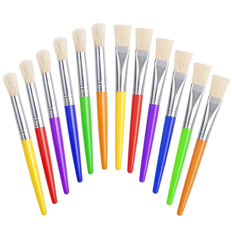 Joyooss Kids Paint Brushes, 12 Pcs Round/Flat Large, Easy to Clean & Grip Washable No Shed Hog Bristle for Watercolor, Acrylic, Gouache - Image 1