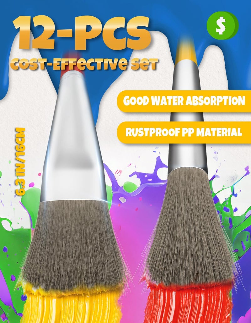 Joyooss Kids Paint Brushes, 12 Pcs Round/Flat Large, Easy to Clean & Grip Washable No Shed Hog Bristle for Watercolor, Acrylic, Gouache - Image 3