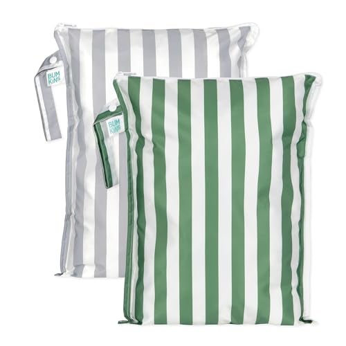 Bumkins Larger Waterproof Wet Bag For Baby Travel Swim Suit Cloth Diapers Pump Parts Pool Gym Toiletry Strap to Stroller Reusable Easy to Clean 2pk Gray Green Stripe - Image 1