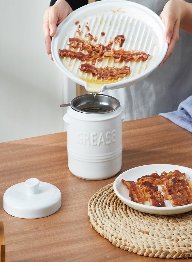 ONEMORE Ceramic Bacon Grease Container with Strainer, Bacon Grease Saver for Kitchen, 32 oz, White - Image 2