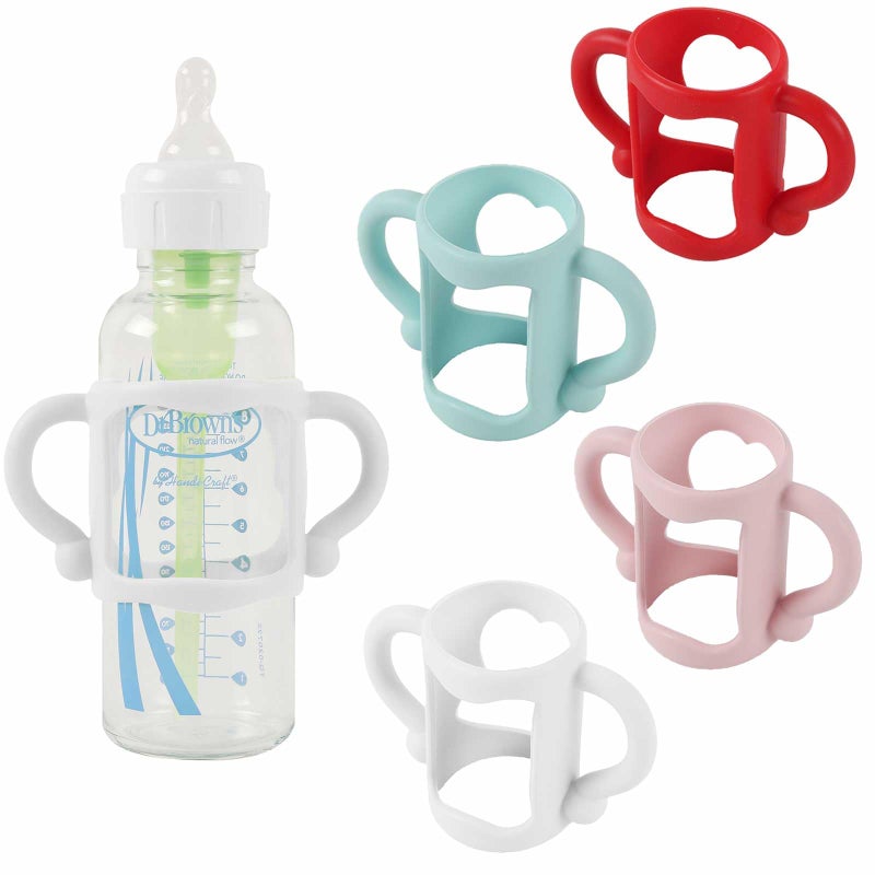 TonGass (4-Pack) Bottle Handles for Dr Brown Narrow Baby Bottles with Easy Grip Handles to Hold Their Own Bottle - BPA-Free Soft Silicone - Red Blue Pink and White - Image 1