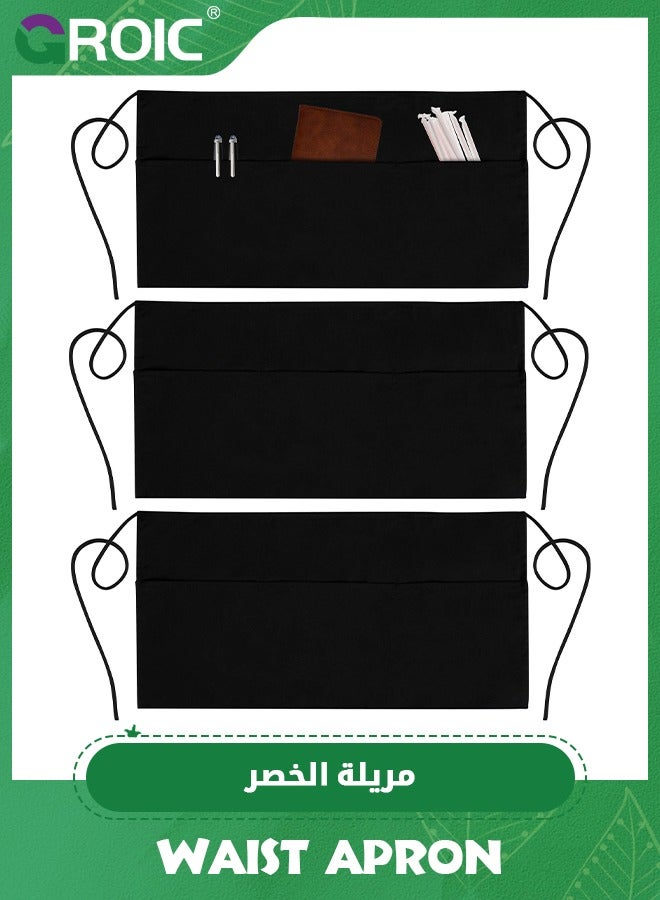 جرويك 3 Pcs Half Waist Apron,Server Aprons with 3 Pockets,Waist Apron, Waitress Apron for Women and Man,Chef Apron for Cooking Cleaning Painting with Long Waist Strap - Image 1