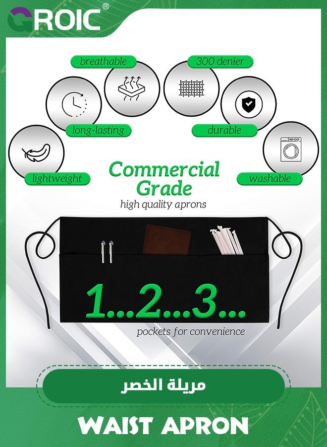 جرويك 3 Pcs Half Waist Apron,Server Aprons with 3 Pockets,Waist Apron, Waitress Apron for Women and Man,Chef Apron for Cooking Cleaning Painting with Long Waist Strap - Image 2