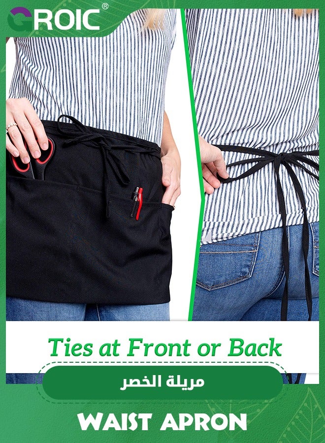 جرويك 3 Pcs Half Waist Apron,Server Aprons with 3 Pockets,Waist Apron, Waitress Apron for Women and Man,Chef Apron for Cooking Cleaning Painting with Long Waist Strap - Image 4