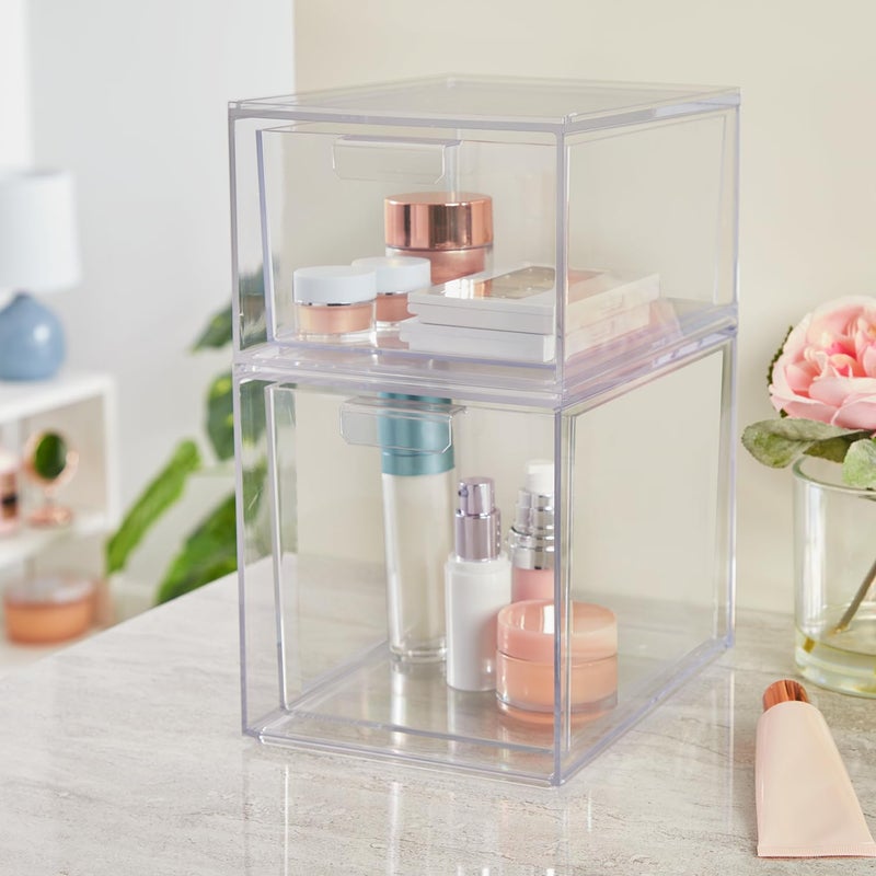 STORi Audrey Stackable Clear Bin Plastic Organizer Drawers | 2 Piece Set | Organize Cosmetics and Beauty Supplies on a Vanity | Made in USA - Image 3