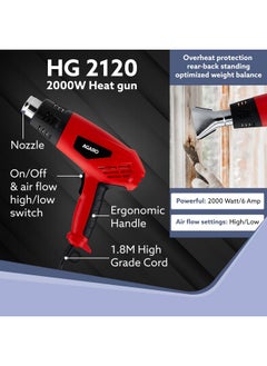 AGARO AGARO 2000W Heat Gun HG2120, Dual Temperature and Air Flow Control with 4 Nozzle Attachments, Hot Air Gun Heating helps in Shrink Wrapping, Paint Removal, Wire Shrinking, Crafting  - Image 2
