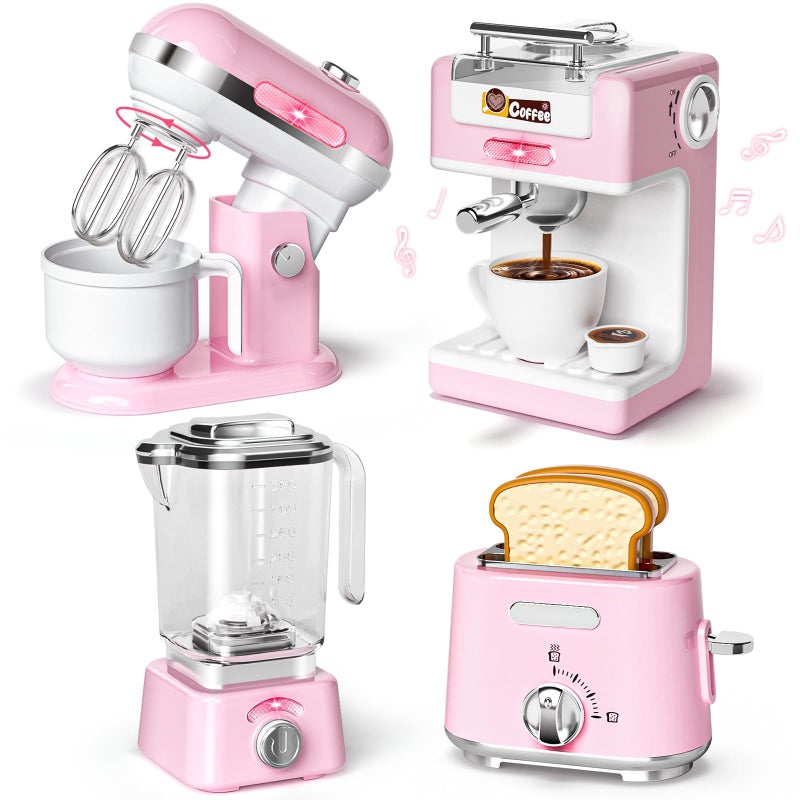 B Bascolor Kids Kitchen Toys Set BPAFree 7 Piece Pretend Play Appliances with Light Sound Coffee Maker Blender Stand Mixer Toaster for Toddlers Ages 3 Plus Educational Role Play Gift Pink - Image 2