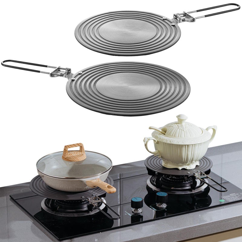 Tujoe 2 Pcs Simmer Plate for Gas Stove 11 Inches and 9.5 Inches Fast Defrosting Tray Round Stove Diffuser Heat Conduction Plate with Anti Scalding Handle for Electric Pot Cookware Protection - Image 1