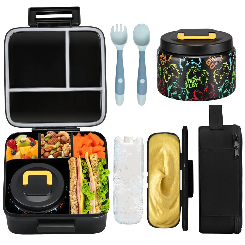 JXXM Bento Lunch Box for Kids With 8oz Soup thermo,Leak-proof Lunch Containers with 5 Compartment,thermo Food Jar and Lunch Bag, Food Containers for School (A-Black(Game Consoley)) - Image 1