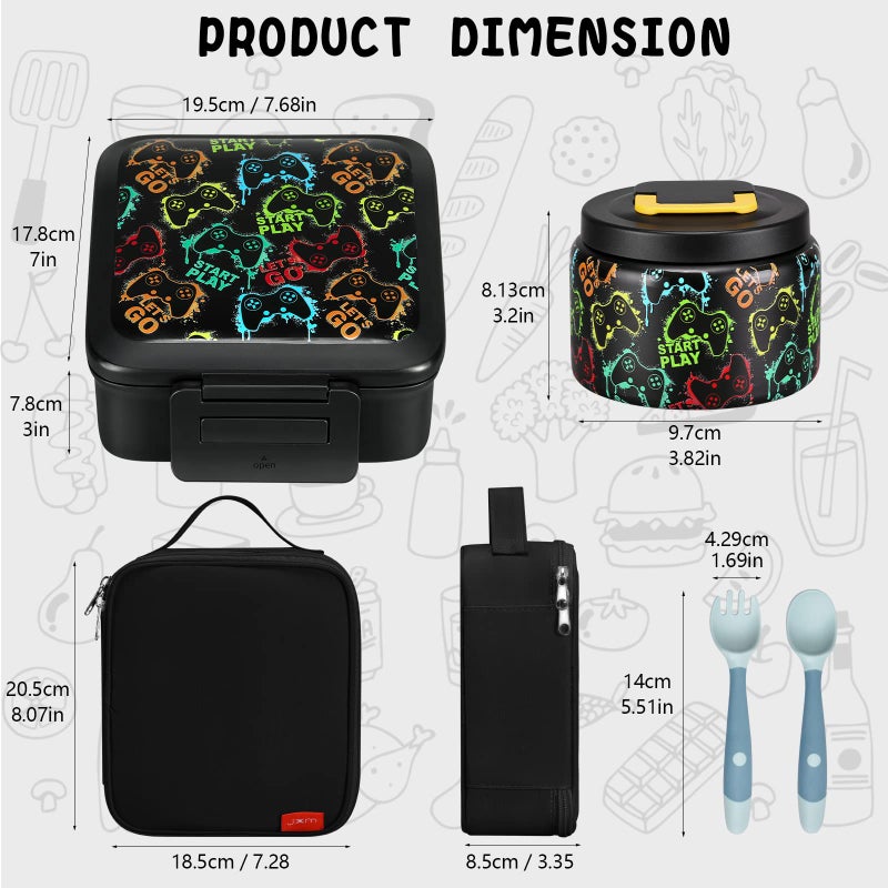 JXXM Bento Lunch Box for Kids With 8oz Soup thermo,Leak-proof Lunch Containers with 5 Compartment,thermo Food Jar and Lunch Bag, Food Containers for School (A-Black(Game Consoley)) - Image 4