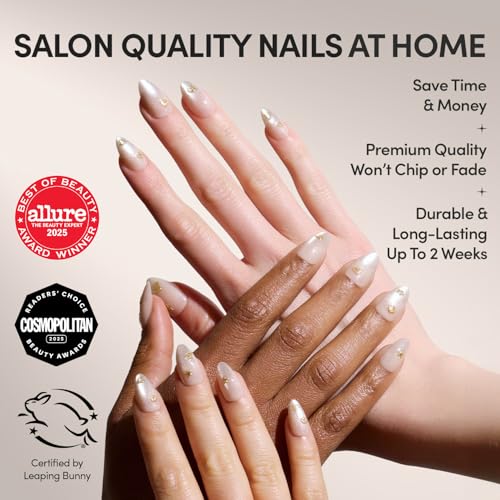 Glamnetic Press On Nails Sanded Short Almond Nude Fake Nails with Raised Gold Shell Accents Salon Quality Summer Nails 15 Sizes 30 Nail Kit with Glue - Image 3