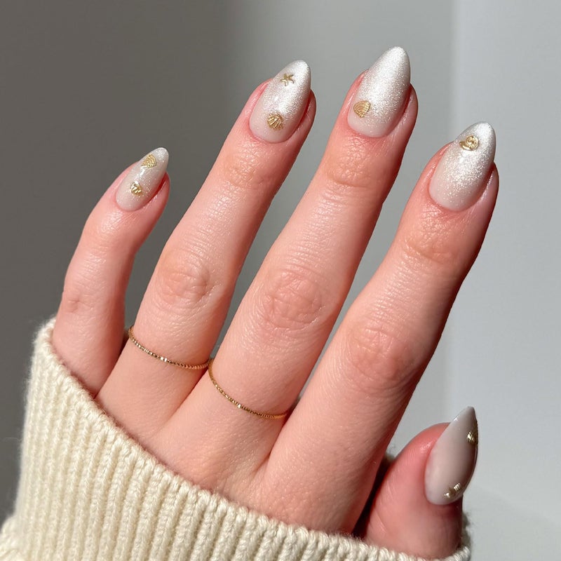 Glamnetic Press On Nails Sanded Short Almond Nude Fake Nails with Raised Gold Shell Accents Salon Quality Summer Nails 15 Sizes 30 Nail Kit with Glue - Image 2