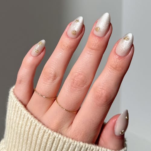 Glamnetic Press On Nails Sanded Short Almond Nude Fake Nails with Raised Gold Shell Accents Salon Quality Summer Nails 15 Sizes 30 Nail Kit with Glue - Image 1