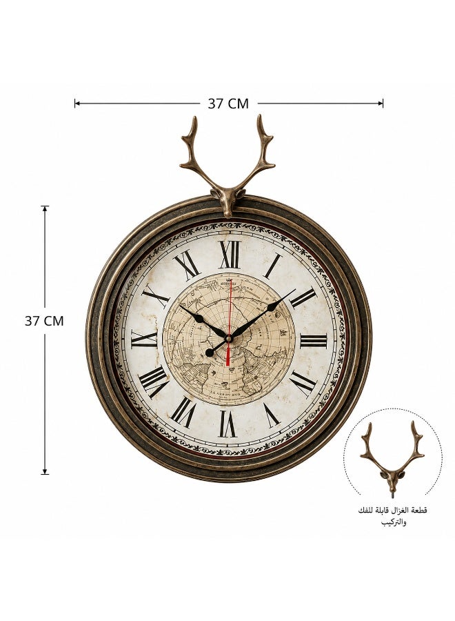 Vintage World Map Wall Clock With Roman Numerals And Detachable Deer Ornament, 37 X 37 Cm, Plastic - Image 2