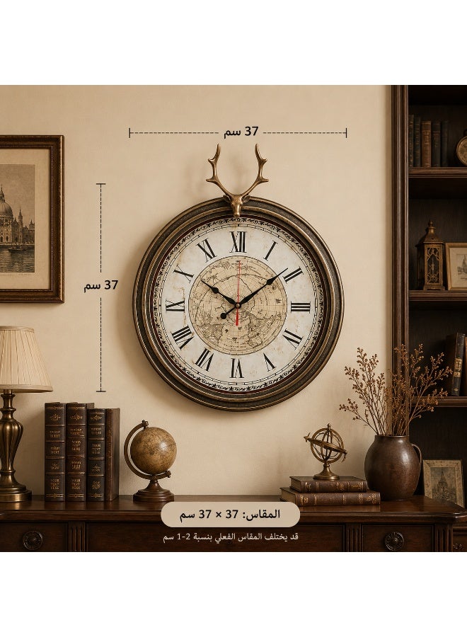 Vintage World Map Wall Clock With Roman Numerals And Detachable Deer Ornament, 37 X 37 Cm, Plastic - Image 1