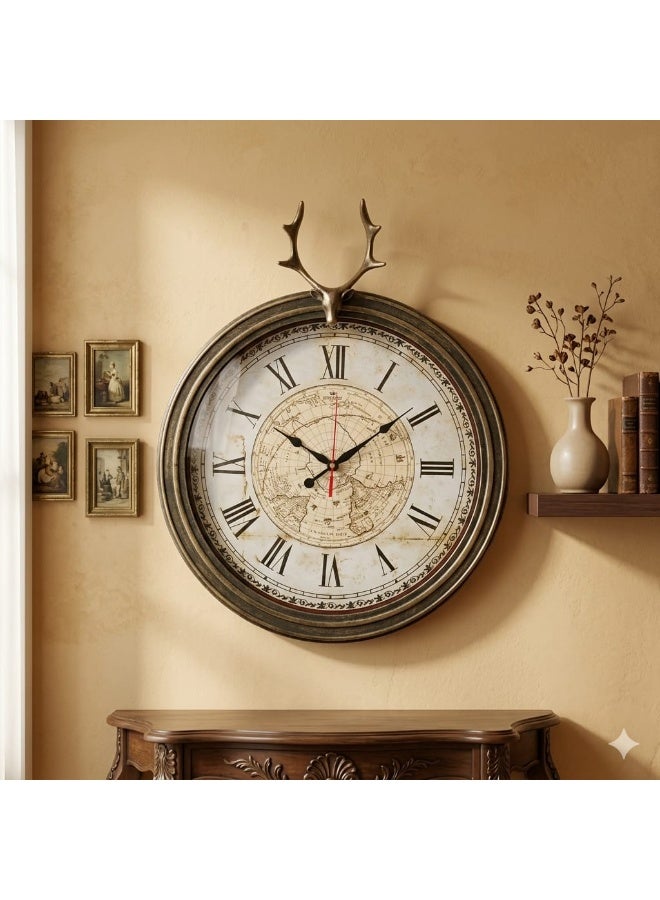 Vintage World Map Wall Clock With Roman Numerals And Detachable Deer Ornament, 37 X 37 Cm, Plastic - Image 3