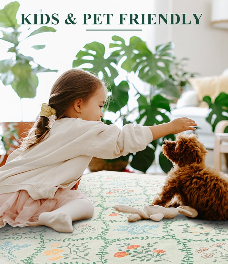YIHOUSE 5x7 Washable Rug for Bedroom, Green Floral Rugs for Living Room Non Slip Ultra-Thin Large Boho Rug for Kids Playroom, Classroom, Girls Dorm, Nursery, Green Multi - Image 5