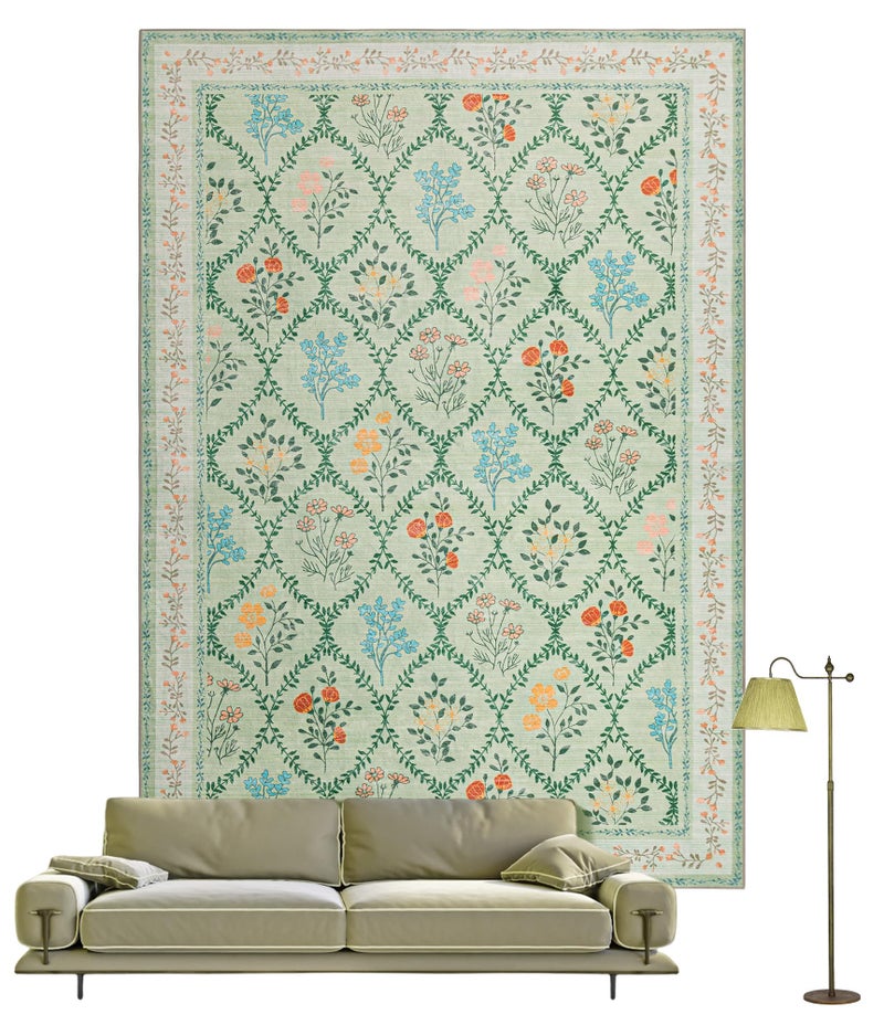 YIHOUSE 5x7 Washable Rug for Bedroom, Green Floral Rugs for Living Room Non Slip Ultra-Thin Large Boho Rug for Kids Playroom, Classroom, Girls Dorm, Nursery, Green Multi - Image 1