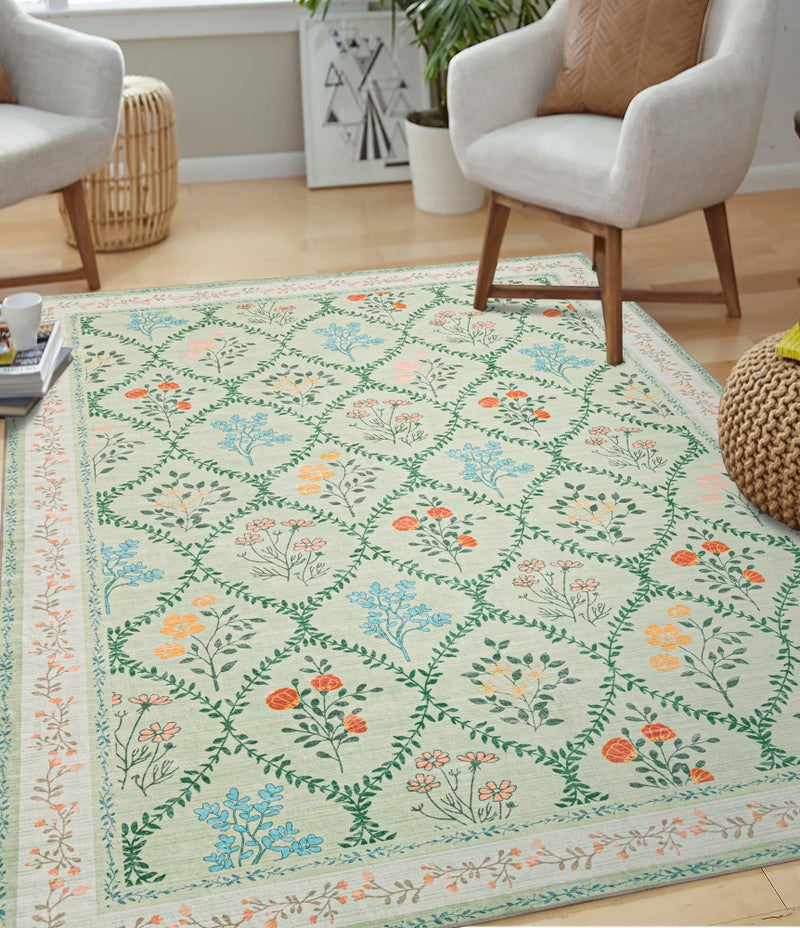 YIHOUSE 5x7 Washable Rug for Bedroom, Green Floral Rugs for Living Room Non Slip Ultra-Thin Large Boho Rug for Kids Playroom, Classroom, Girls Dorm, Nursery, Green Multi - Image 2